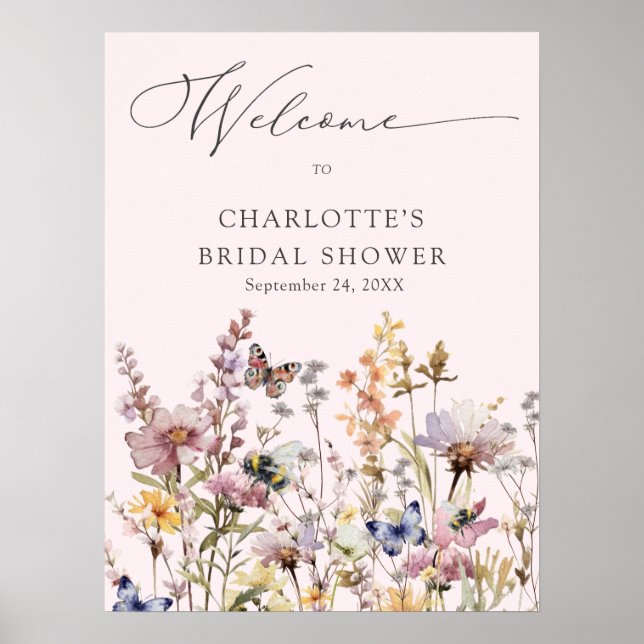Rosa vildblomma akvarell blommande bröllopsdusch poster (Framsidan)