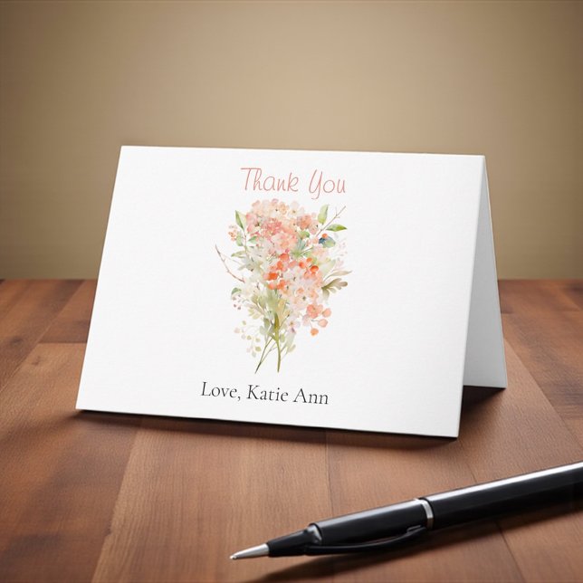 Rosa vildblomma akvarell blommor tack kort (A thank you card with pink florals for wedding or bridal shower thank you notes.)