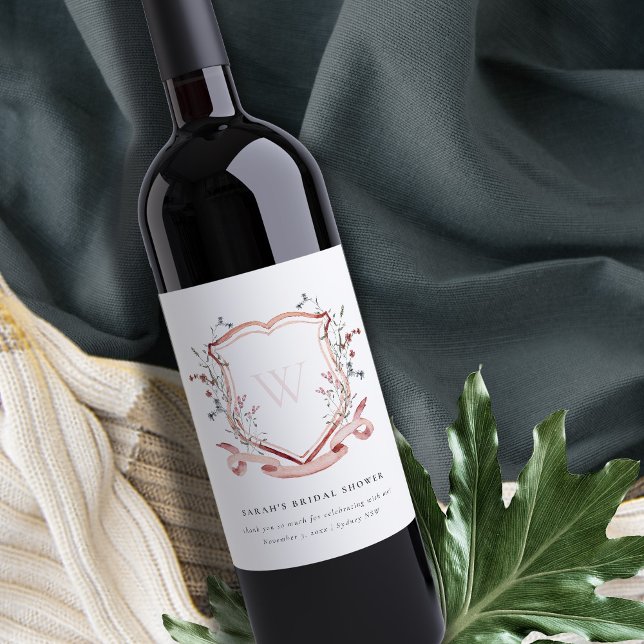 Rosa vildblomma akvarell vapensköld bröllopsdusch vinflaska etikett (Skapare uppladdad)