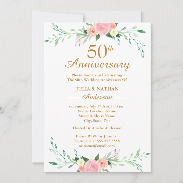 Rosa vildblomma Blommig 50-års bröllopsdag Inbjudningar (Framsida)