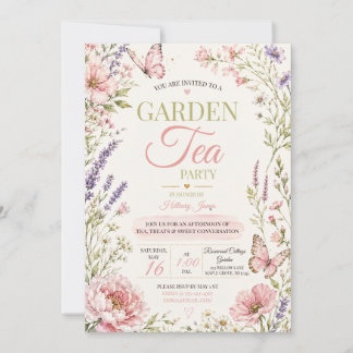 Rosa Vildblomma Fjäril Trädgårds Tea Party-inbjuda Inbjudningar