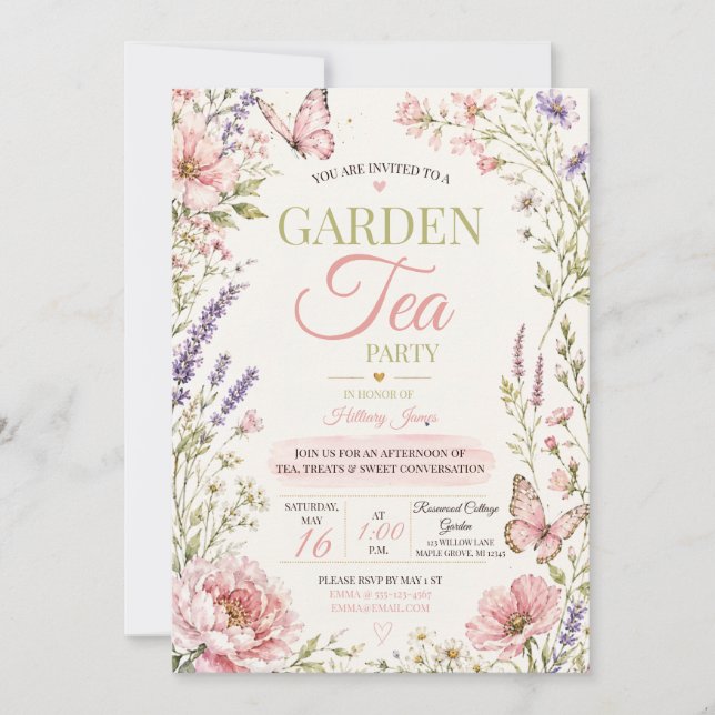 Rosa Vildblomma Fjäril Trädgårds Tea Party-inbjuda Inbjudningar (Framsida)