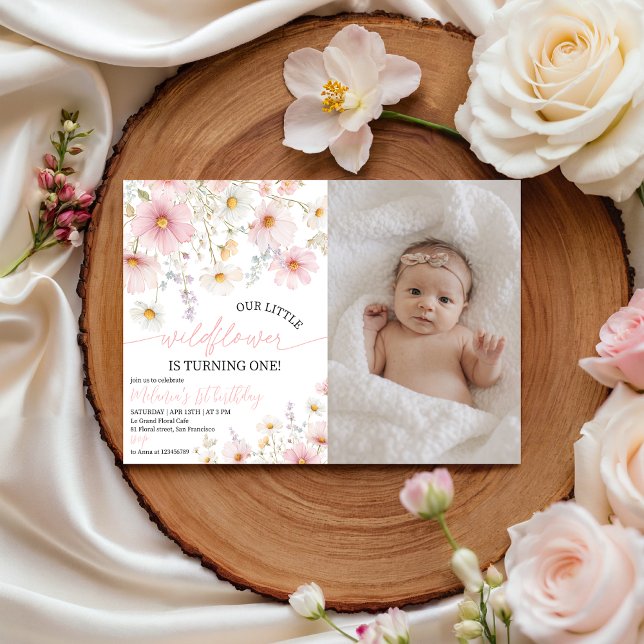 Rosa vildblomma Foto 1-års födelsedagsinbjudan Inbjudningar (Skapare uppladdad)