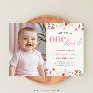 Rosa vildblomma Little Miss Onederful 1-årsfest Inbjudningar