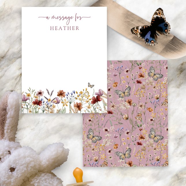 Rosa Vildblomma Önskningskort (Dusty Pink Boho Wildflower Message Card with Butterfly by Painted Paperie
)