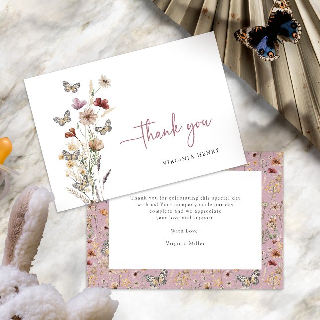Rosa Vildblomma Tacksamhetskort Tack Kort (Dusty Pink Wildflower Thank You Cards with Butterflies by Painted Paperie
)