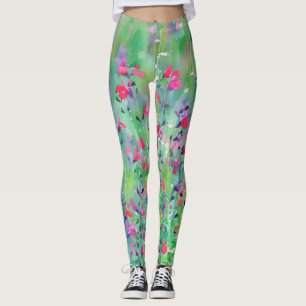 Rosa vildblommeängskonst Leggings