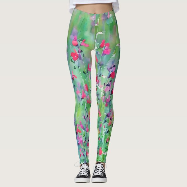 Rosa vildblommeängskonst Leggings (Framsida)