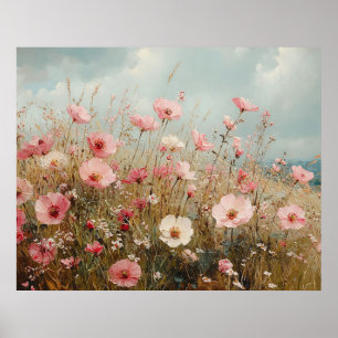 Rosa Vildblommor Landskapsmålning Poster