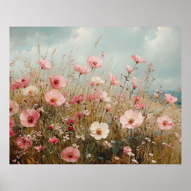 Rosa Vildblommor Landskapsmålning Poster (Framsidan)