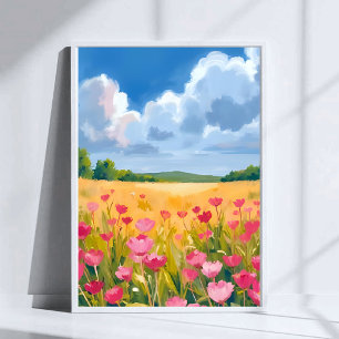 Rosa vildblomsfält Blommig akvarellmålning Poster