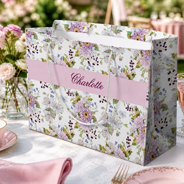 Rosa vildblomsmonogram blomsterdesign (Pink Wildflower Monogram Floral Design Large Gift Bag)