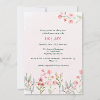 Rosa vildblomsterträdgård baby shower inbjudan