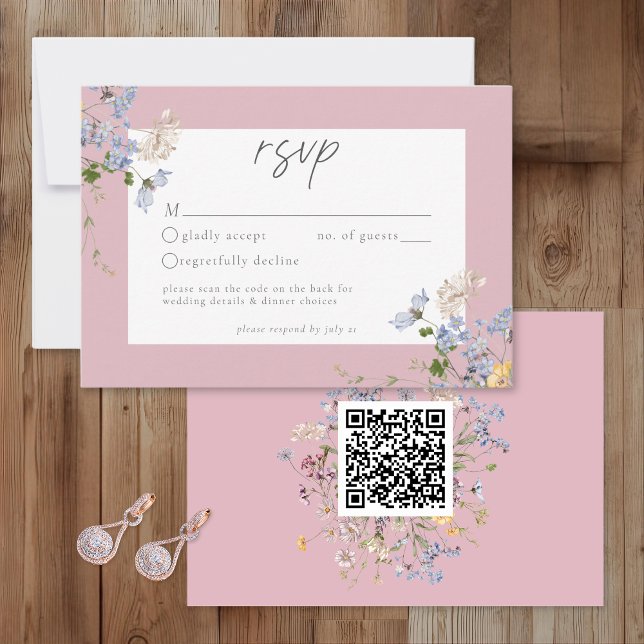 Rosa vildblomsterträdgård Elegant Bröllops QR OSA Kort (Skapare uppladdad)