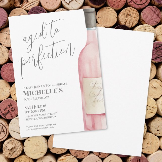 Rosa Vin Åldrat Till Perfektion Födelsedagsfest Inbjudningar (Wine Simple Sixty 60th Birthday Party Invitation)