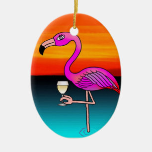 Rosa vin-drickande Flamingo anpassad Julgransprydnad Keramik