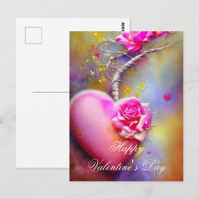 Rosa vin hjärta och ros valentin vykort (Fram/baksida)