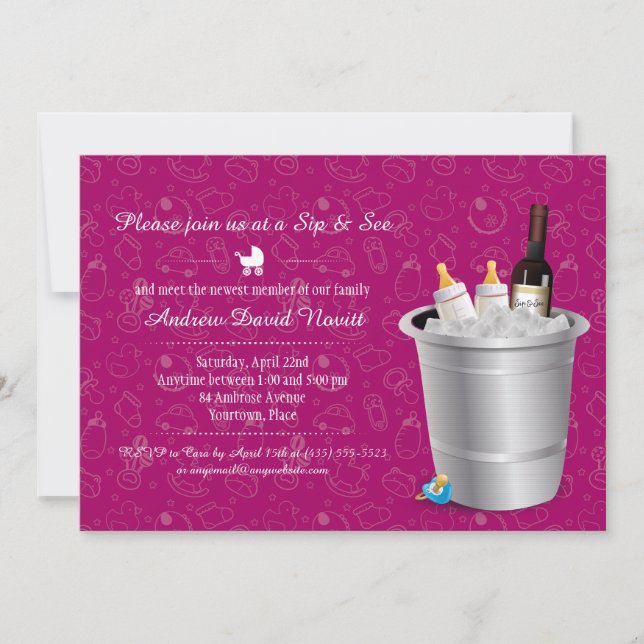 Rosa Vin och Baby Flaskor sip och se babyskor Inbjudningar (Framsida)