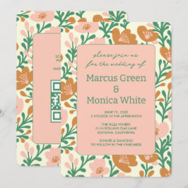 Rosa Vines Grönt Anpassningsbar QR Code BRÖLLOP Inbjudningar