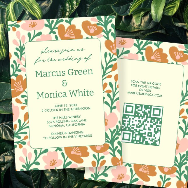 Rosa Vines Grönt Anpassningsbar QR Code BRÖLLOP Inbjudningar (Wildflower Vines Pink Green Custom QR Code WEDDING Invitation
)