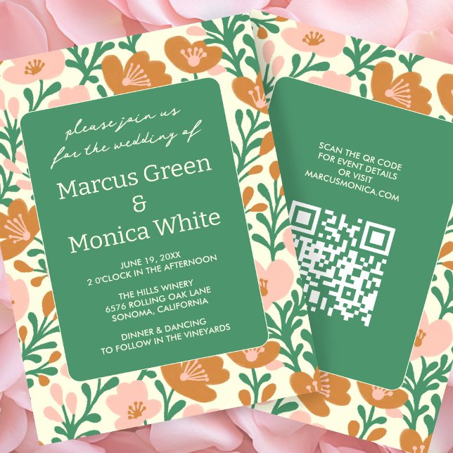 Rosa Vines Grönt Anpassningsbar QR Code BRÖLLOP Inbjudningar (Wildflower Vines Pink Green Custom QR Code WEDDING Invitation
)