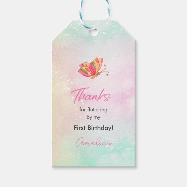 Rosa vingar Babyflicka Fjäril Födelsedagspresent T Presentetikett (Framsidan)