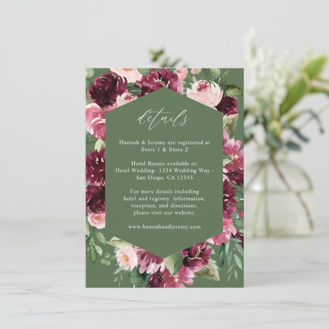 Rosa & vinröd blommig 7 Detaljer - Grön Tilläggskort (Stående Fram)