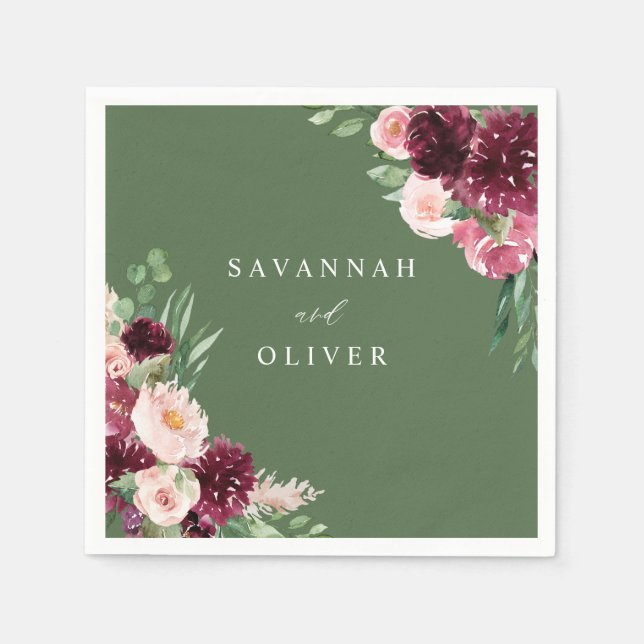 Rosa & vinröd blommig 7 Namn - Grön Pappersservett (Framsidan)