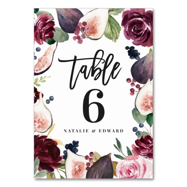 Rosa, vinröd och fikon blomsterliknande bröllopsda bordsnummer (Framsidan)