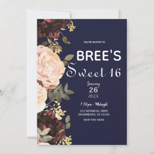 Rosa & vinröda blommor grönska marinblå Sweet 16 Inbjudningar
