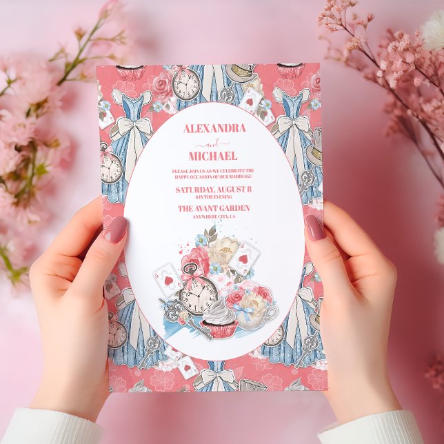 Rosa Vintage Alice i Wonderland Bröllop Inbjudningar (Skapare uppladdad)