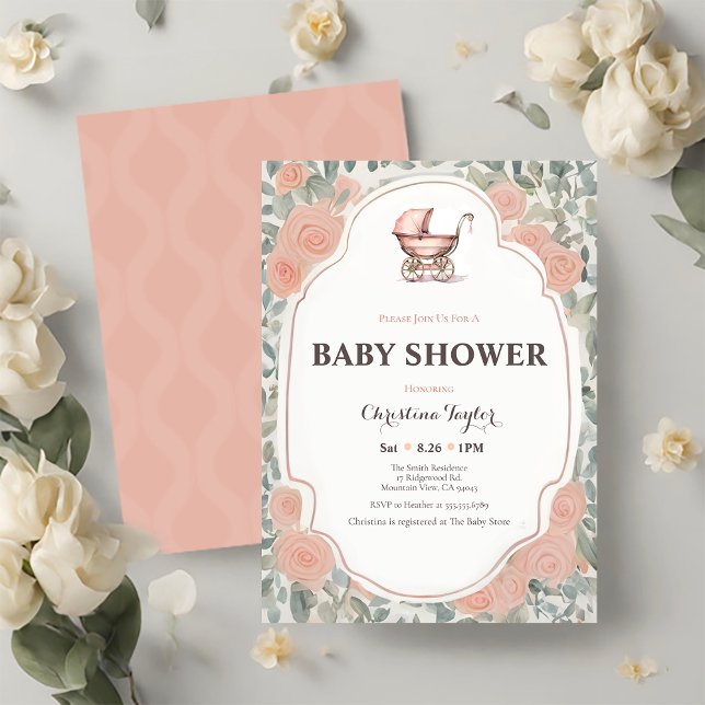 Rosa Vintage Antique Ro Barnvagn Baby Shower Inbjudningar (Skapare uppladdad)