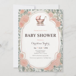Rosa Vintage Antique Ro Barnvagn Baby Shower Inbjudningar