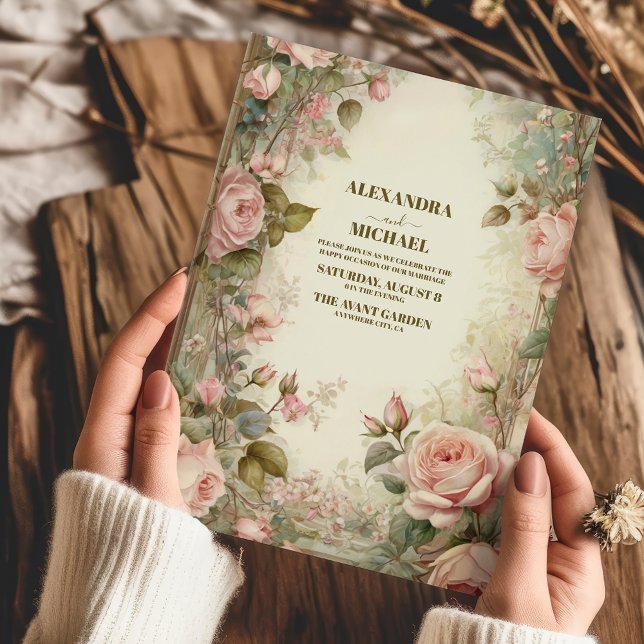 Rosa Vintage Art Nouveau Blommig Bröllop Inbjudningar (Skapare uppladdad)