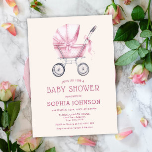 Rosa Vintage Baby Carriage Baby Shower Inbjudningar