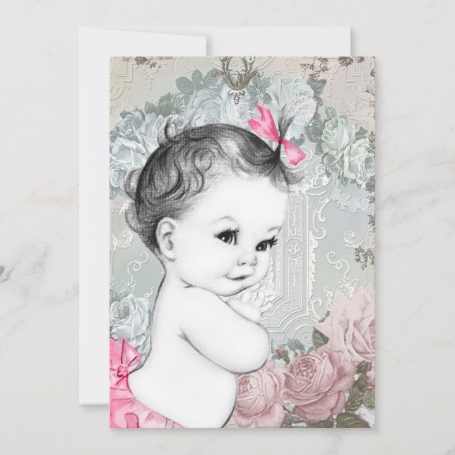 Rosa Vintage Babyflicka Shower Inbjudningar (Framsida)