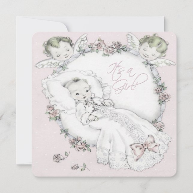 Rosa Vintage Babyflicka Shower Inbjudningar (Framsida)
