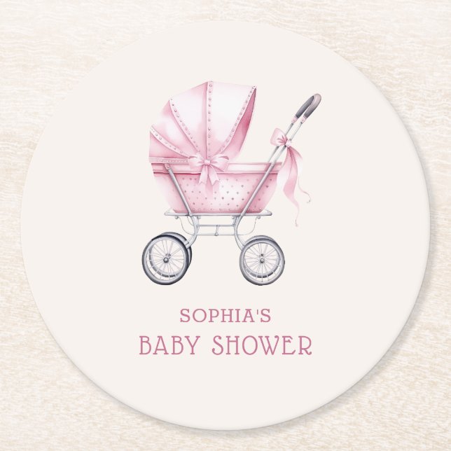Rosa Vintage Babysäng Bebis Shower Underlägg Papper Rund (Framsidan)