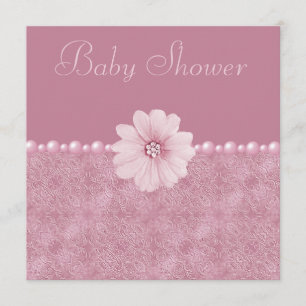 Rosa Vintage Babyskor Blommor och pärlor Inbjudningar