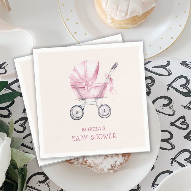 Rosa Vintage Barnvagn Baby Shower Pappersservett (Skapare uppladdad)
