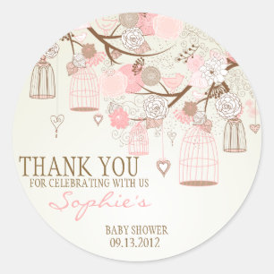 Rosa Vintage Birdcages Blommigt Baby Shower Sticke Runt Klistermärke