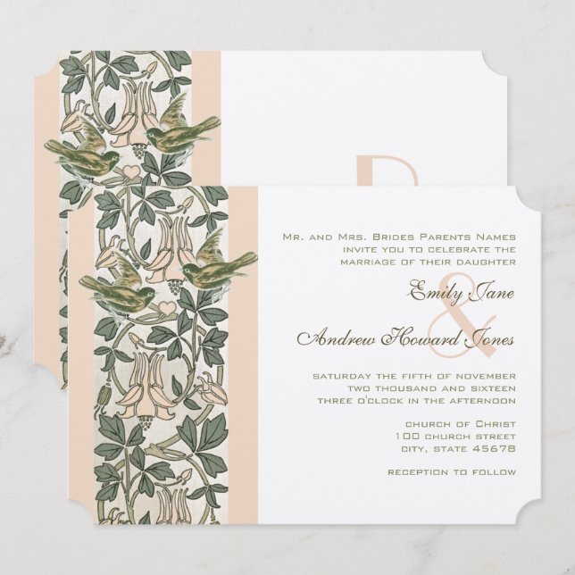  Rosa Vintage Birds HonungSuckle Bröllop Inbjudningar (Fram/baksida)