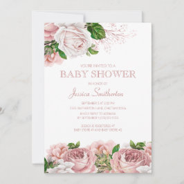 Rosa Vintage Blommig Babyflicka Barnkalas Inbjudningar