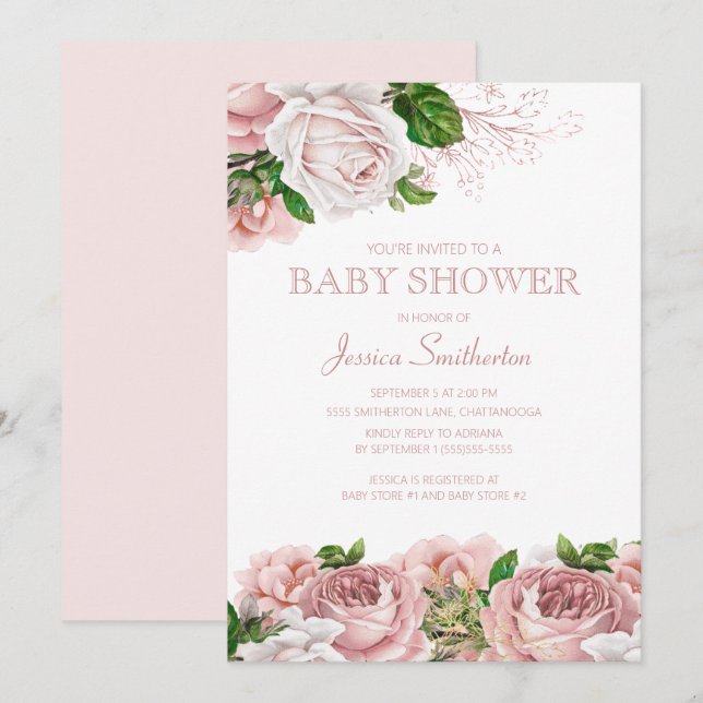 Rosa Vintage Blommig Babyflicka Barnkalas Inbjudningar (Fram/baksida)