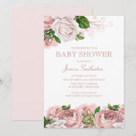 Rosa Vintage Blommig Babyflicka Barnkalas Inbjudningar