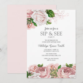 Rosa Vintage Blommig Babyflicka Sip See Baby Showe Inbjudningar