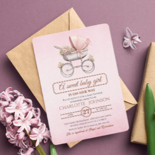 Rosa Vintage Blommig Barnvagn Baby Shower Inbjudningar