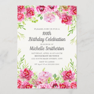 Rosa Vintage Blommig Grönska 100-årsdag Inbjudningar