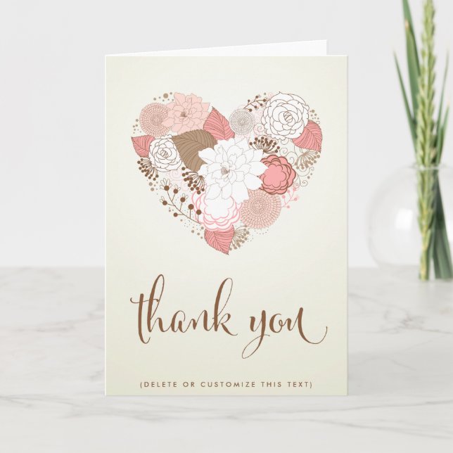 Rosa vintage blommig hjärta tackkort (Framsida)