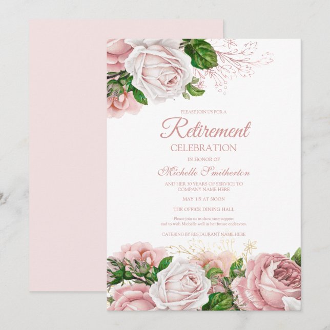 Rosa Vintage Blommig Pensionärsfest Inbjudningar (Fram/baksida)